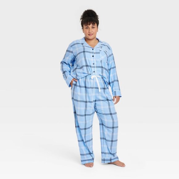 NEW! Women's Plaid Flannel 2pc Pajama Set, Blue - Wondershop Holiday - Picture 1 of 16